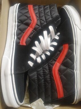 Men's Quilted High-Top Skate Sneakers - Black with Red Accents (VANS)
